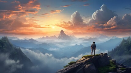 A man standing on top of a mountain as the sun sets. Goals and achievements concept photo composite. Concept vision, Hiker looking mountain and enjoying sunrise. High quality photo - Powered by Adobe