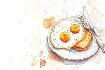 A realistic painting of eggs on toast on a plate. Suitable for food-related projects
