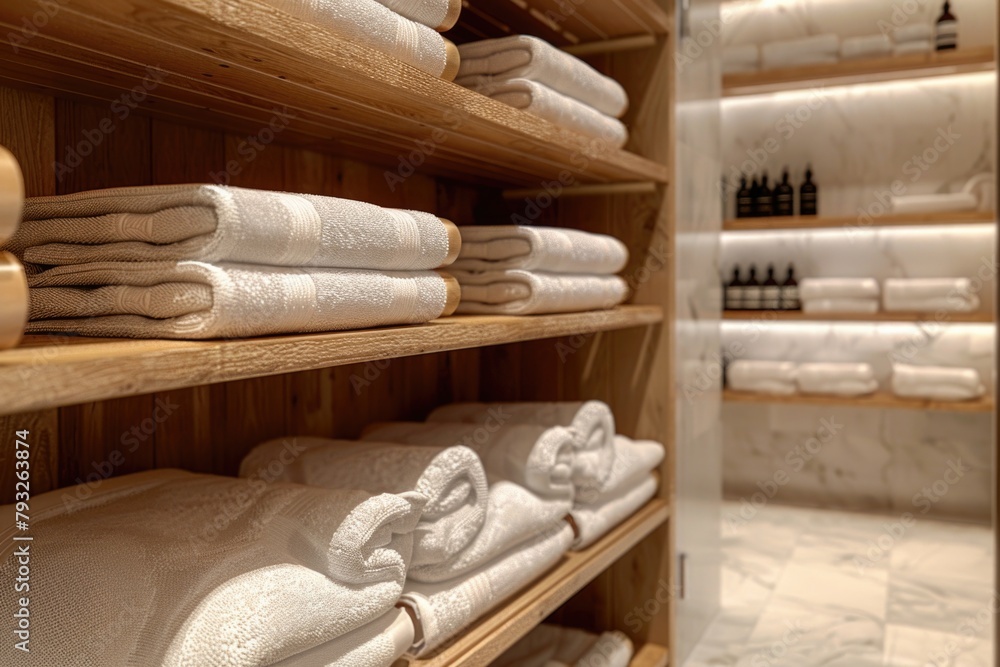 Poster A shelf displaying towels and bottles in a bathroom. Perfect for home decor or interior design projects