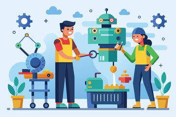 A man and a woman are actively working on repairing a machine in a workshop, people who repair machines, Simple and minimalist flat Vector Illustration