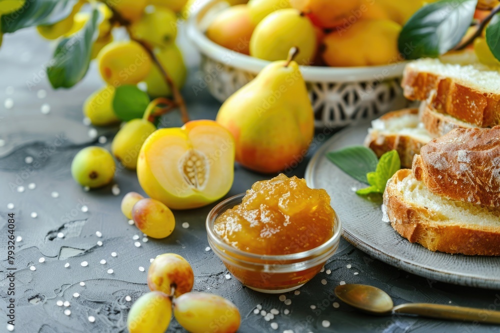 Poster a table topped with bread and fruit next to a bowl of fruit. ideal for food and nutrition concepts