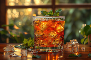 A refreshing mint julep cocktail, muddled with fresh mint leaves, sugar, and bourbon for a cool and classic Southern sipper. Concept of Kentucky tradition. Generative Ai. - obrazy, fototapety, plakaty