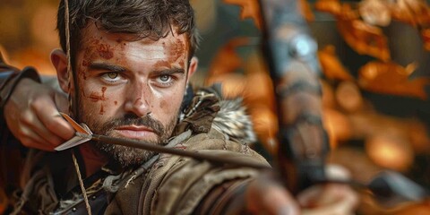 Fototapeta premium A Fierce Warrior Takes Aim with a Bow and Arrow, Embodying the Spirit of Ancient Combat, Generative AI