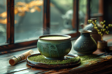 A velvety matcha latte, whisking vibrant green matcha powder with steamed milk for a creamy and antioxidant-rich beverage. Concept of Japanese tea ceremony. Generative Ai.