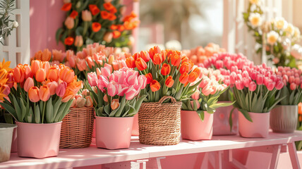 Colourful beautiful fresh tulips in baskets on sale in flower market.