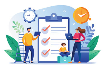Man and Woman Standing Next to Clipboard With Checklist, people working on the document and deadlines, Simple and minimalist flat Vector Illustration