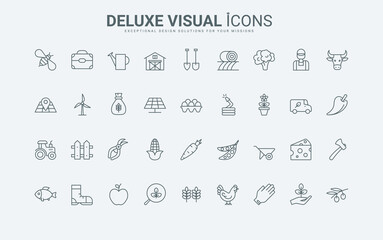 Outline livestock and chicken symbols, organic food harvest and farmers tractor, agronomy equipment and barn for crop. Farm and agriculture thin black and red line icons set vector illustration