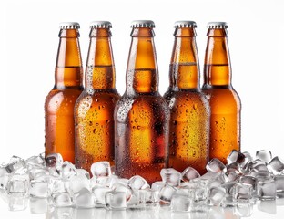 A bunch of brown beer bottles with ice cubes, isolated on white background Generative AI