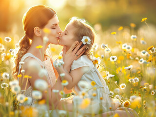 Happy loving family. mother and child girl playing in a field of daisy's, kissing and hugging. Room for text or copy space