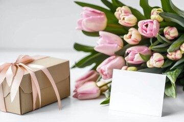 Beautiful pink tulips next to a gift box, perfect for special occasions