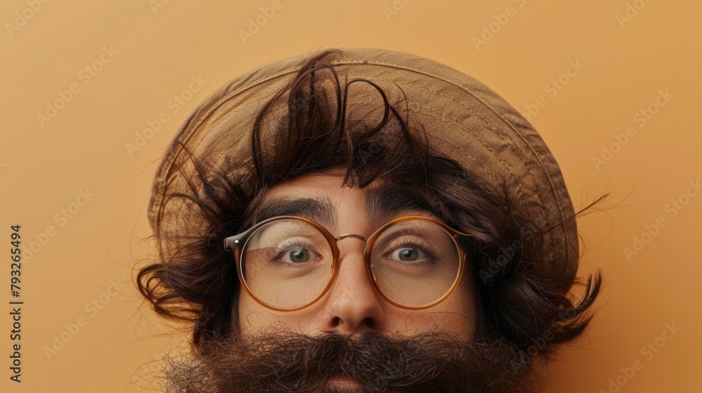 Poster a man with glasses and a beard wearing a hat. suitable for various concepts and designs