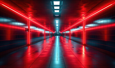 A futuristic tunnel illuminated by vibrant red neon lights