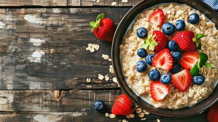 A bowl of oatmeal topped with fresh strawberries and blueberries, perfect for a healthy breakfast option - obrazy, fototapety, plakaty