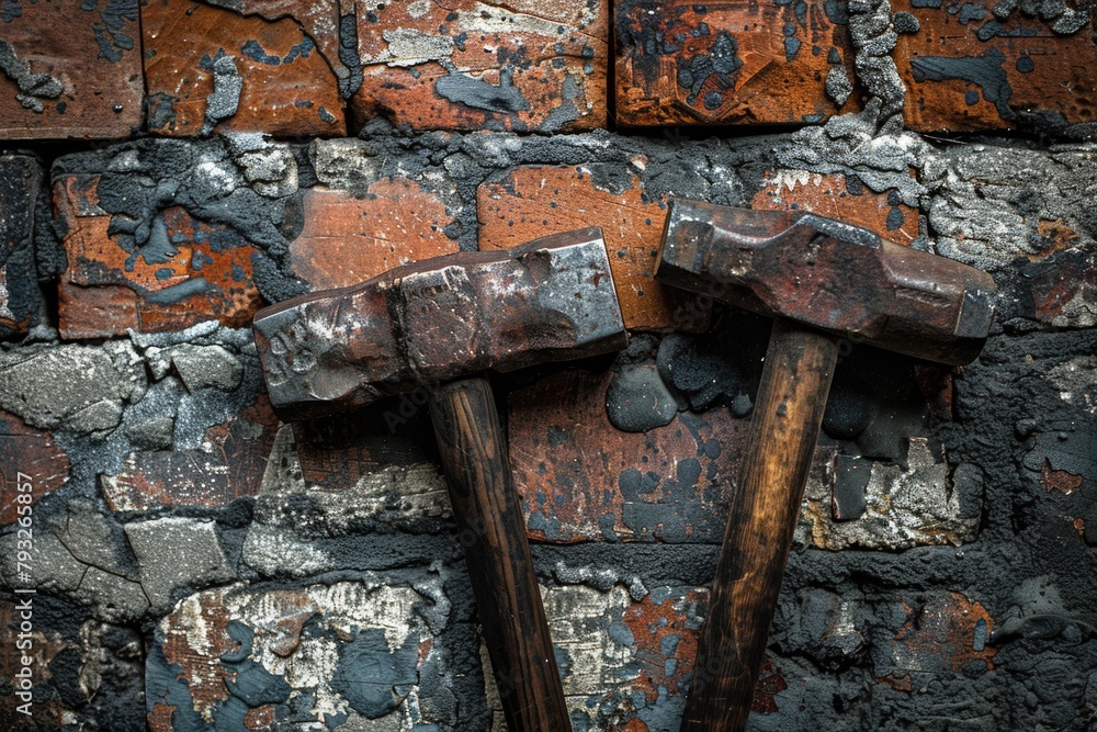 Poster two rusty hammers stuck into a brick wall. perfect for construction projects