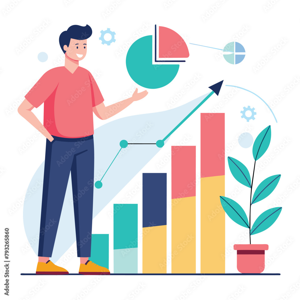 Poster a man standing in front of a bar chart, analyzing the data with a focused expression, person analyzi