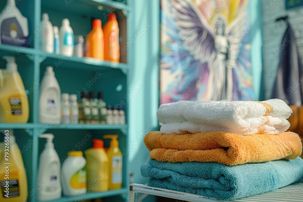 Poster stack of towels on a table, ideal for home decor websites