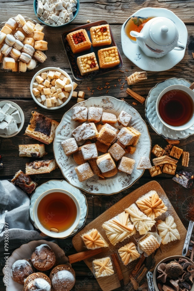 Poster a table set with plates of food and cups of tea. ideal for food and beverage concepts