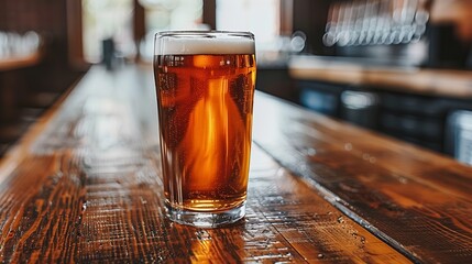 A beer glass filled with amber liquid rests on a wooden bar - obrazy, fototapety, plakaty