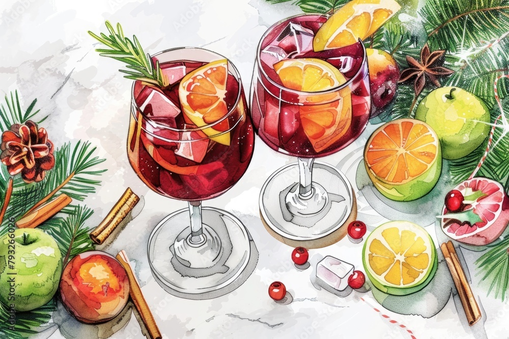 Poster image of two glasses of wine with assorted fruit and spices, suitable for wine tasting events