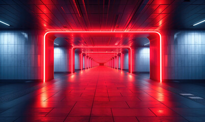 A futuristic tunnel illuminated by vibrant red neon lights