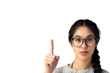Portrait with Copy Space: Asian Woman, a Teacher or Student, Pointing Her Finger, Isolated on Transparent Background, PNG