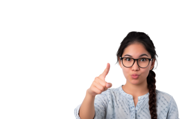 Copy Space Portrait: Asian Woman, Either a Teacher or Student, Pointing Her Finger, Isolated on Transparent Background, PNG