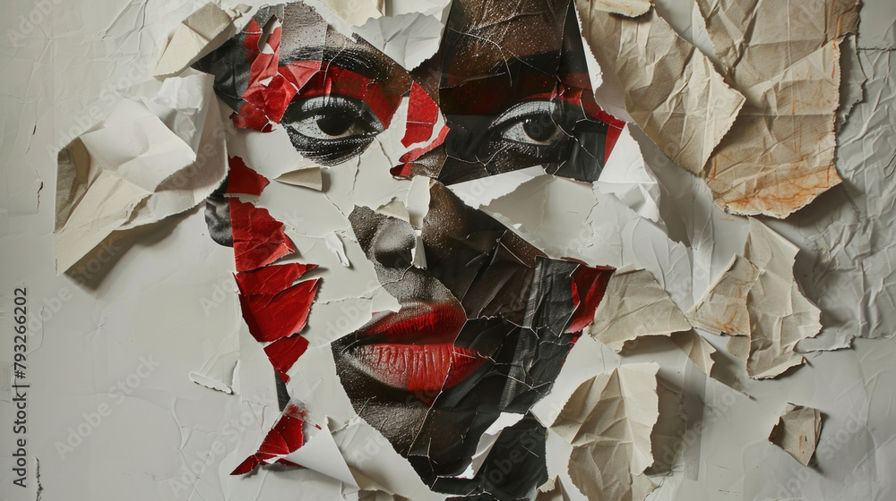 Poster a womans face is depicted through torn up pieces of paper, creating a unique and textured effect
