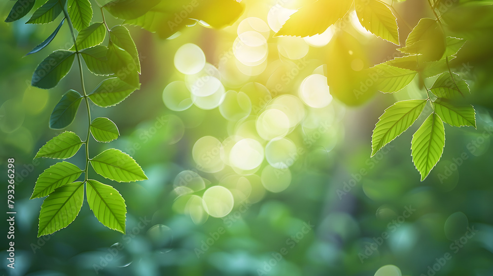 Poster green leaf for nature on blurred background with beautiful bokeh and copy space for text.