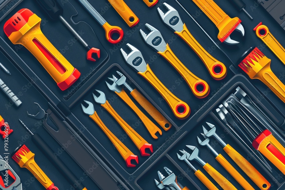 Poster Collection of different types of tools on a table, suitable for DIY projects or construction themes
