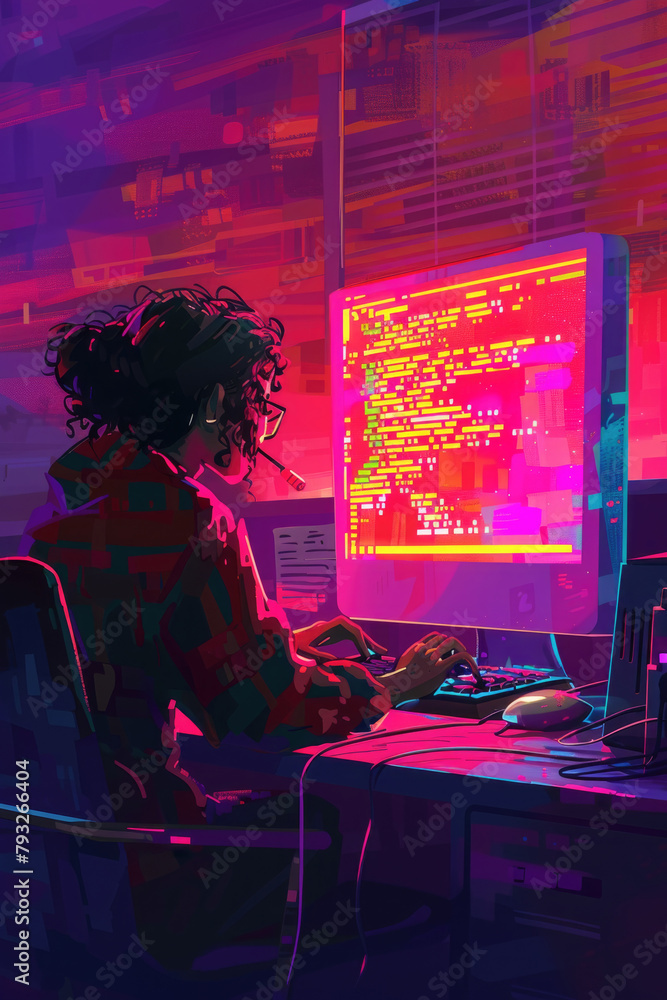 Poster a person sitting at a desk, focused on a computer screen, typing and working on tasks