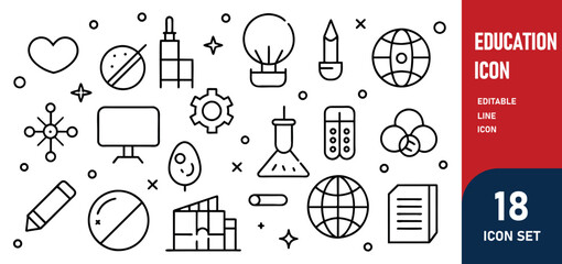 Education Line Editable Icons set. Vector illustration in modern thin line style of school icons school subjects, supplies, science, and online learning. Isolated on white