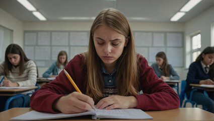 Дувушка , студент пишет тест в классе с напряженным лицом.