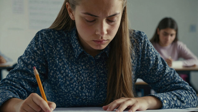 Girl, student writes a test in class with a tense face.