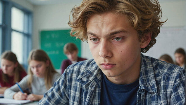 Applicant, student writing a test in class with a tense face.
