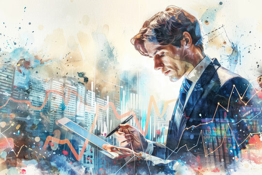 A stylized businessman reviews data on his tablet with a vibrant backdrop of city buildings and financial charts