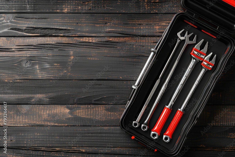 Aufkleber tools in a case on a wooden surface, perfect for diy projects