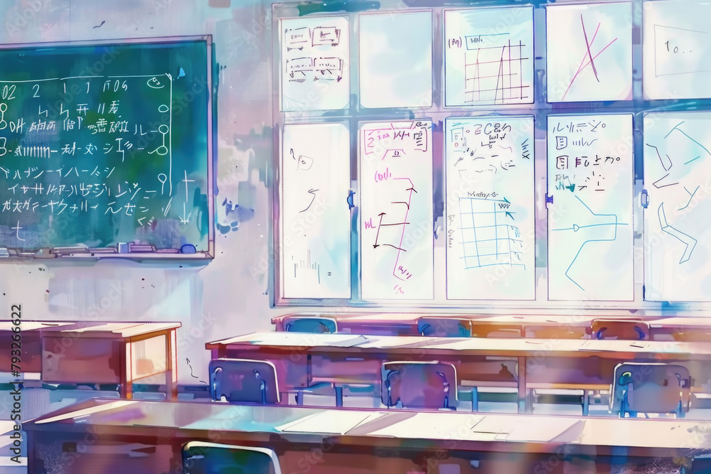 Poster a detailed painting of a classroom setting featuring a chalkboard with equations and desks arranged 