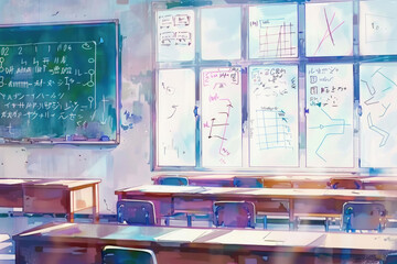 A detailed painting of a classroom setting featuring a chalkboard with equations and desks arranged neatly - obrazy, fototapety, plakaty