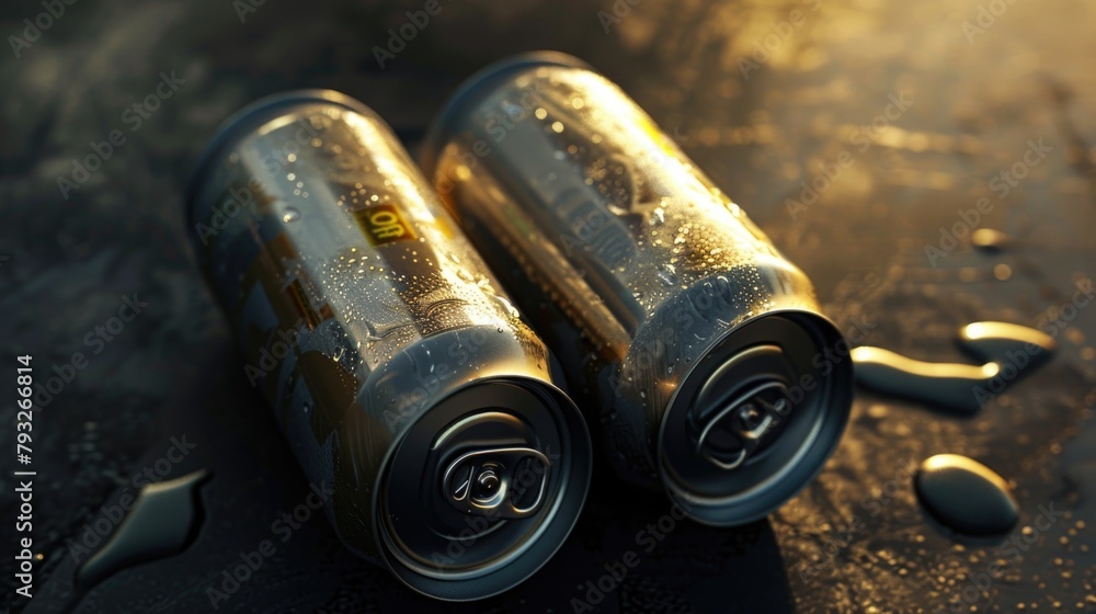 Poster Two cans of soda sitting on a table. Suitable for food and beverage concepts