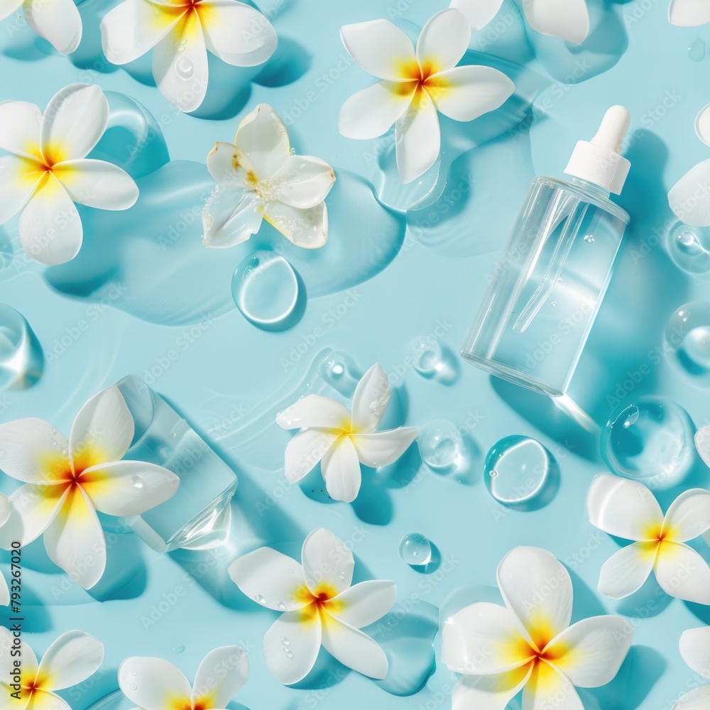 Poster close up of a bottle of water with flowers around it. suitable for hydration and nature concepts