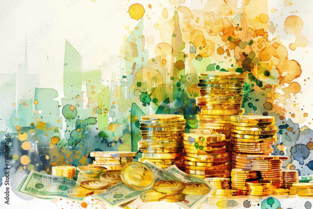 Poster a detailed painting featuring multiple stacks of shiny gold coins arranged neatly on a dark backgrou