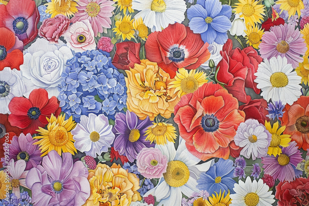 Poster this painting depicts a colorful array of various flowers in different shapes and sizes, creating a 