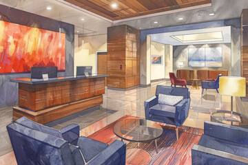 Watercolor painting showcasing a vibrant hotel lobby with elegant furniture, a grand chandelier, guests mingling, and a reception desk in the background - obrazy, fototapety, plakaty