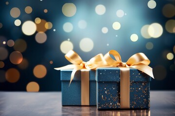 Blue gift box wrapped in paper on festive background with golden particles. Beautiful golden bow on the gift. Celebration concept. Holiday wallpaper. High quality photo - obrazy, fototapety, plakaty