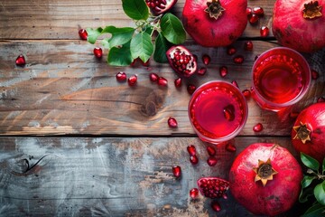 Ripe pomegranates and a glass of juice on a rustic wooden table. Perfect for food and beverage concepts - Powered by Adobe
