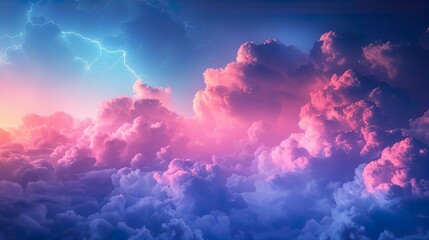 Pastel summer sky background. Fantasy pink and blue clouds in the sky with lightning. Candy fluffy texture. Fairy paradise. Realistic soft cloudy sunset landscape. Sweet dream design.