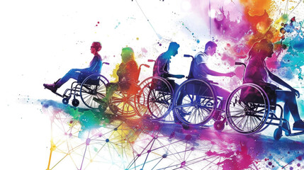 Several individuals are riding on the backs of wheelchairs in a recreational activity