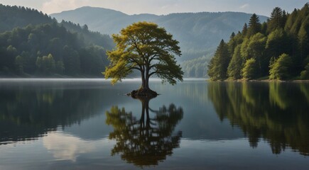  A serene lake reflecting a solitary tree, creating a peaceful and picturesque scene in nature.