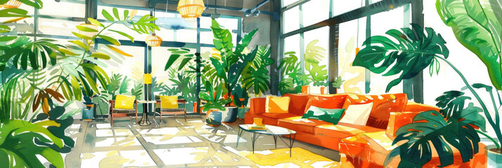 A living room filled with numerous green plants of various sizes and shapes, creating a lush and vibrant indoor garden