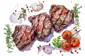A painting of steaks and tomatoes on a plate. Suitable for food and restaurant concepts